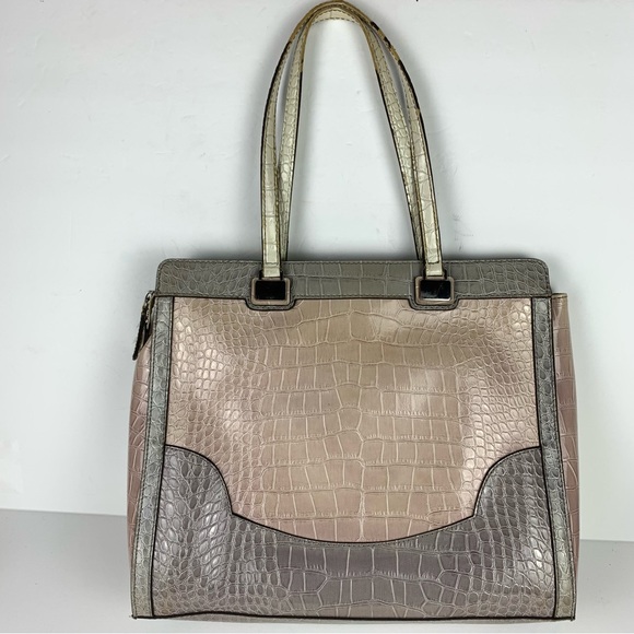 Guess Handbag Purse Tote Croc Embossed Patent Leather Pink Gray - READ - Picture 3 of 16